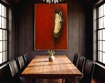 Horse Wall Art, White Horse Print, Equestrian Decor Poster, Bold Red Western Home Decor, Gift for Horse Lover, Country home art
