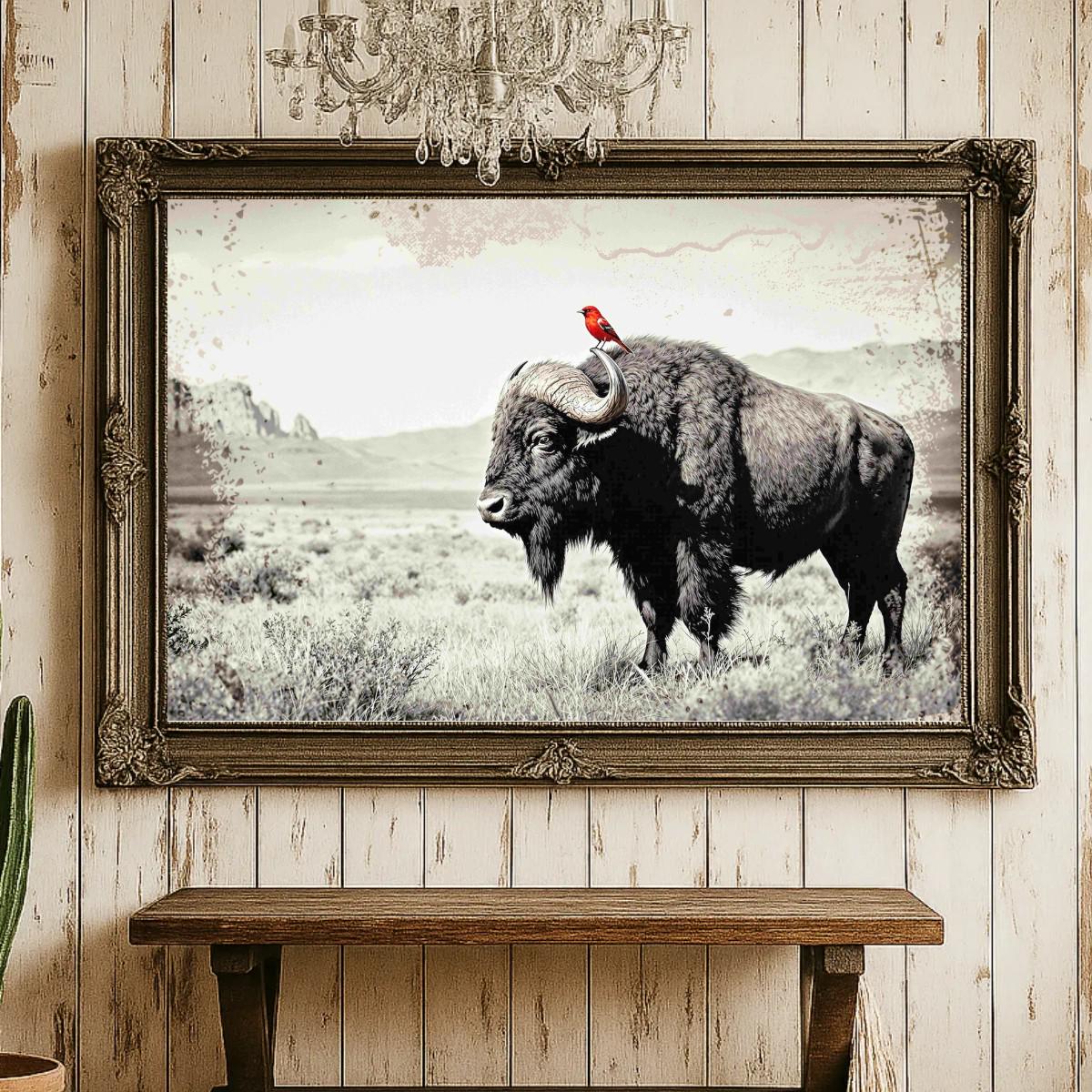 Vintage Bison Red Bird Large Print - Western Wall Art - Rustic