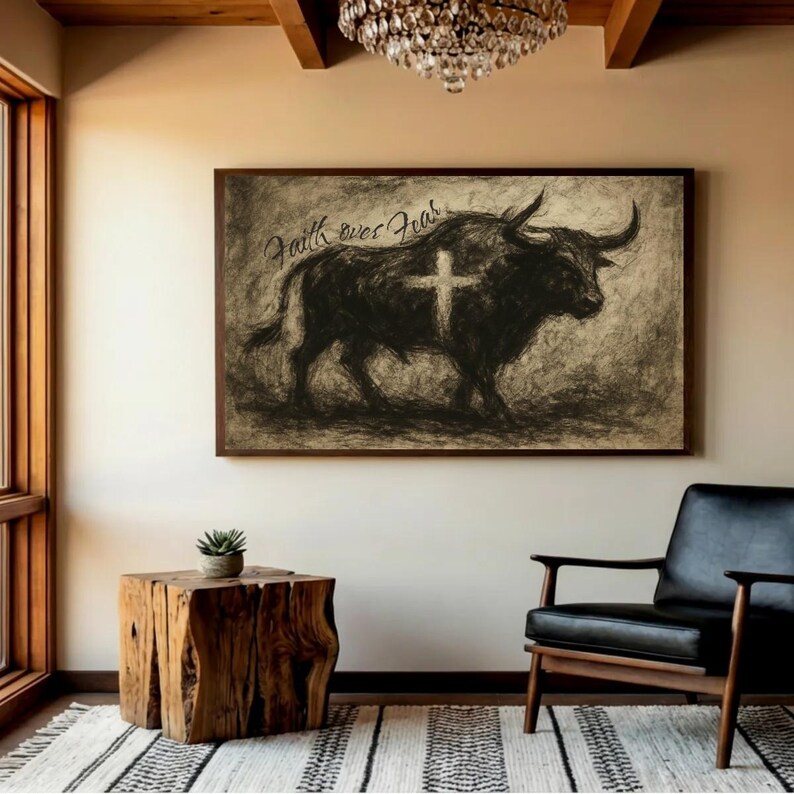 Bull Scripture Faith Over Fear Print, Christian Print, Scripture Illustration Wall Art ...