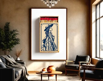 Vintage Matchbook Cowgirl Print, Indigo Blue Western Wall Art, 1800s Illustration Poster, Cabin Decor, Southwestern Bedroom Art