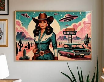 Eclectic Southwestern Decor, MATTE print, Pink Sci-Fi Cowgirl Desert Alien Wall Art, Vintage Retro Western Cowboy Art,  Texas 1950s Print