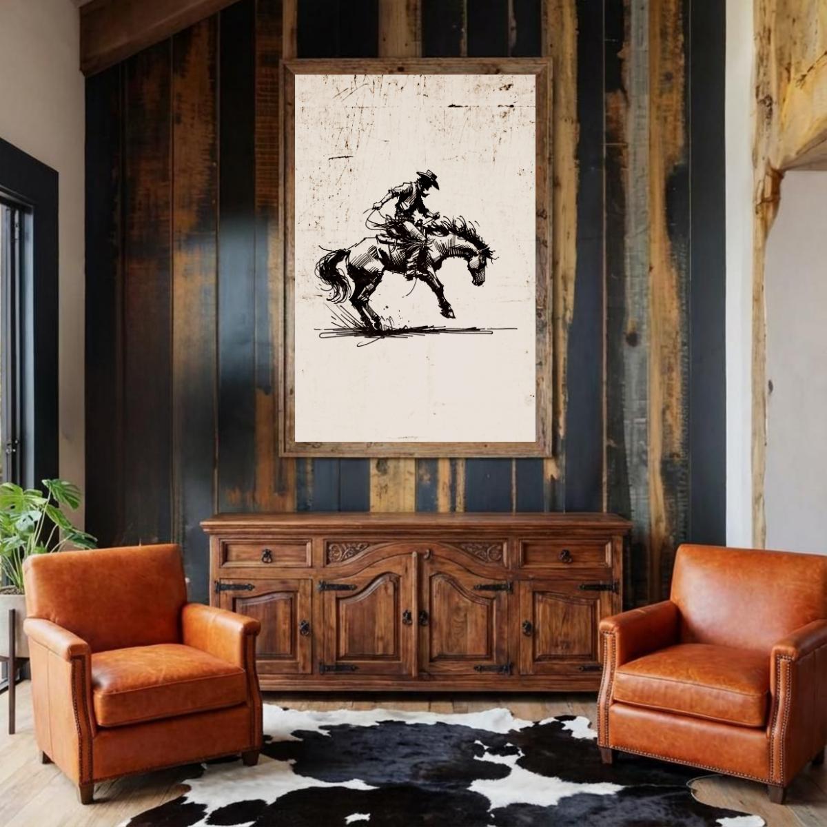 Bucking Bronco Farmhouse Wall Art - Western Cowboy Print - Rodeo Horse ...