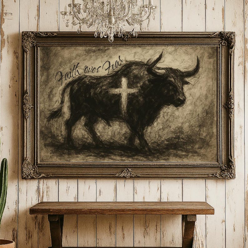 Bull Scripture Faith Over Fear Print, Christian Print, Scripture Illustration Wall Art ...