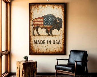 Patriotic Animal Print, Rustic USA flag Wall Art, Wildlife Decor, Distressed Flag Poster, Farmhouse Americana Art, Vintage Buffalo Poster
