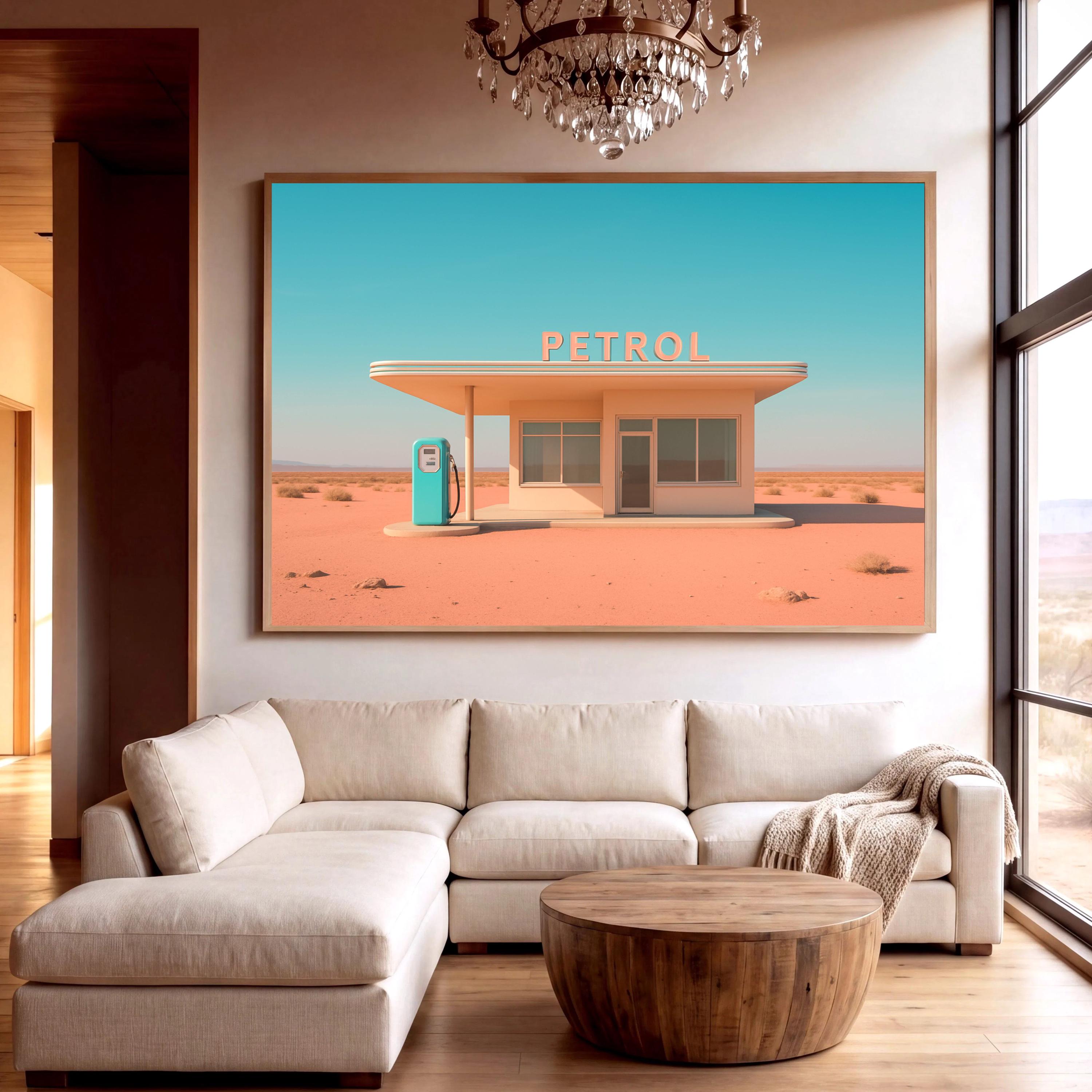 Retro Gas Station Print, 1950s Surreal Wall Art, Vintage Pink