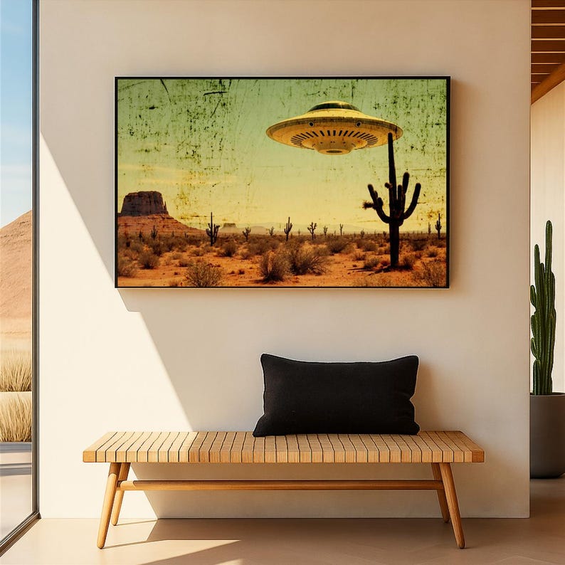 May include: A framed art print depicts a desert landscape with a vintage aesthetic. A yellow UFO hovers above cacti and a mesa. The artwork is displayed above a wooden bench with a black pillow, creating a Southwestern theme.