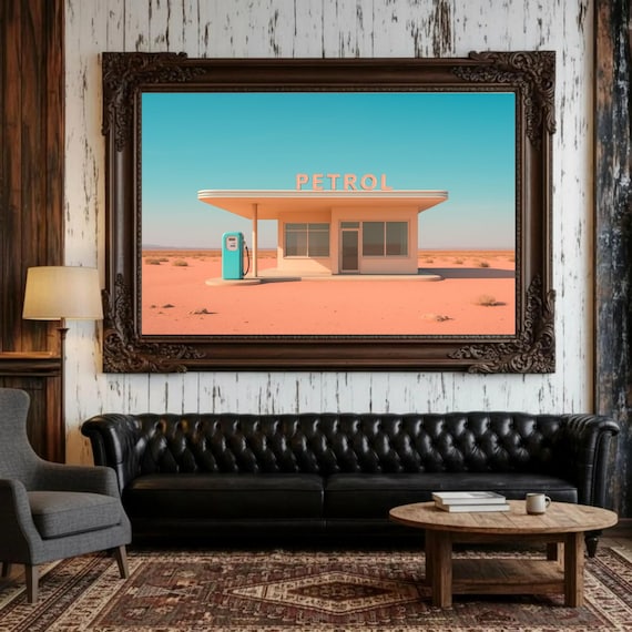 Retro Gas Station Print, 1950s Surreal Wall Art, Vintage Pink