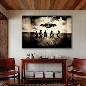 Vintage Native American UFO Alien Encounter Wall Art, Sci-Fi Surreal Eclectic Print, Tin Type tribal photography, Antique Style Home Art