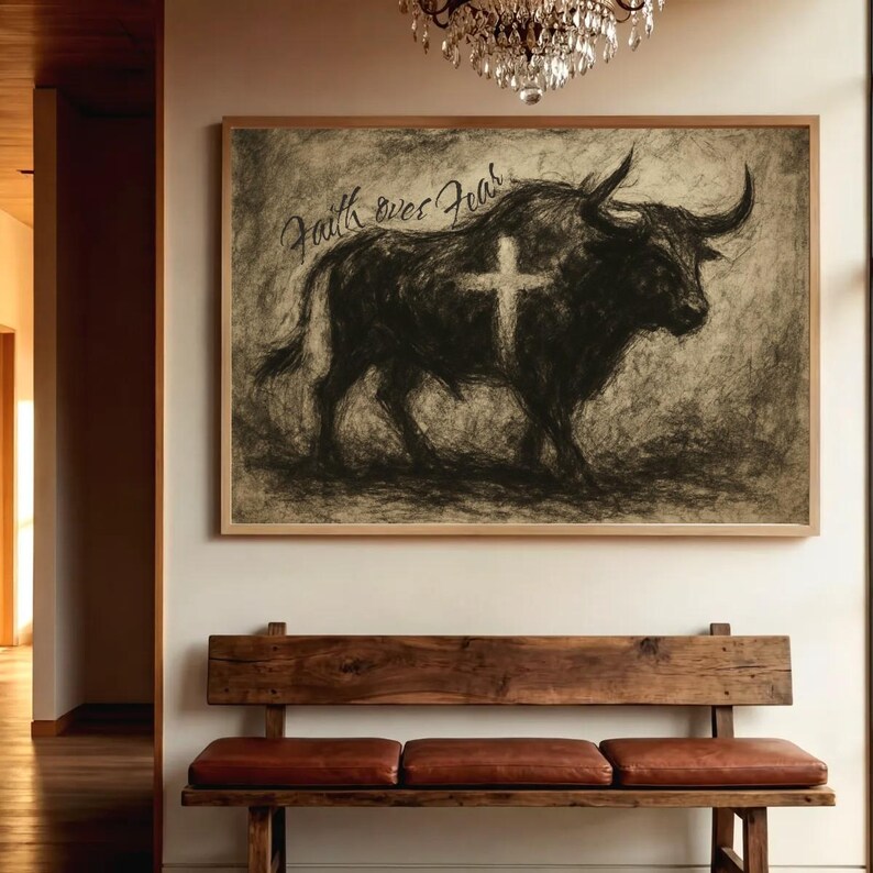 Bull Scripture Faith Over Fear Print, Christian Print, Scripture Illustration Wall Art ...