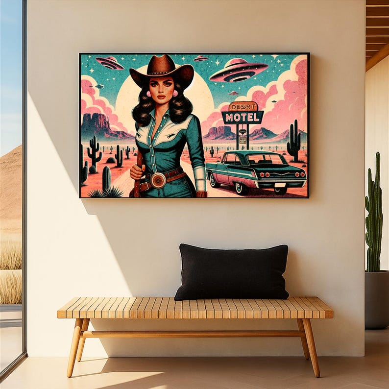 Eclectic Southwestern Decor, Pink Sci-Fi Cowgirl Desert Alien Wall Art, Vintage Retro Cowboy Art Boho Modern Home Art, Texas 1950s Print image 12