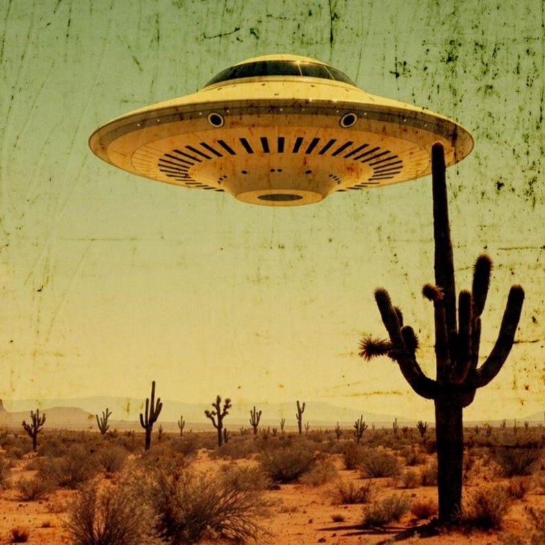 May include: A vintage-style image depicts a yellow flying saucer hovering above a desert landscape. The desert features cacti and scrub brush under a pale yellow sky. The image has a distressed, aged appearance.