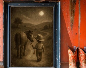 Baby Boy Nursery -Western Nursery Wall Art Kid Cowboy Horse Sepia Print Bedroom Decor Moonlight New Mom Ranch Theme Baby Shower Gift