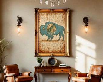 May include: A framed artwork featuring a blue bison silhouette with a circular emblem, set against a distressed background. The artwork is in a gold ornate frame, hanging above a wooden console table with two leather armchairs. A chandelier and sconces add to the room's decor.