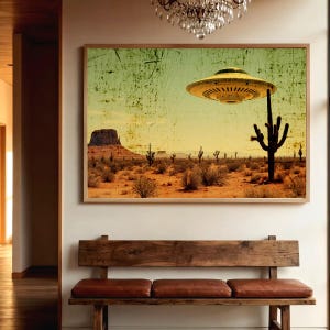 May include: A framed print depicts a desert landscape with a yellow UFO hovering above a cactus. The artwork features a mesa, cacti, and desert vegetation under a faded yellow and green sky. The print is mounted on a wall above a wooden bench.