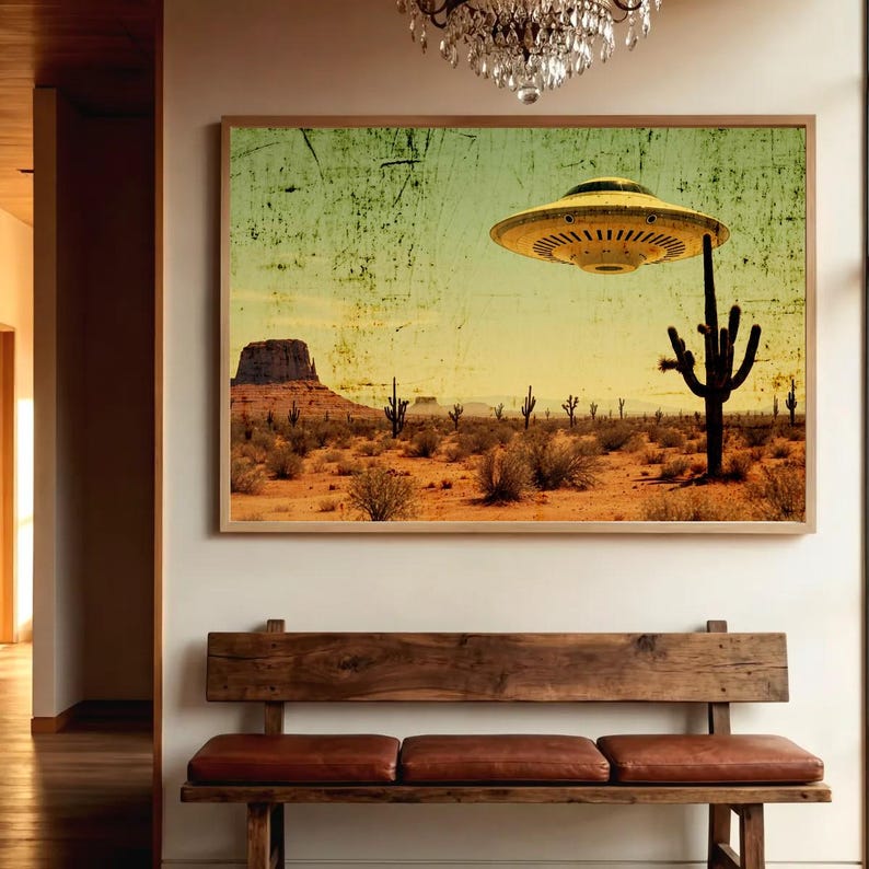 May include: A framed print depicts a desert landscape with a yellow UFO hovering above a cactus. The artwork features a mesa, cacti, and desert vegetation under a faded yellow and green sky. The print is mounted on a wall above a wooden bench.