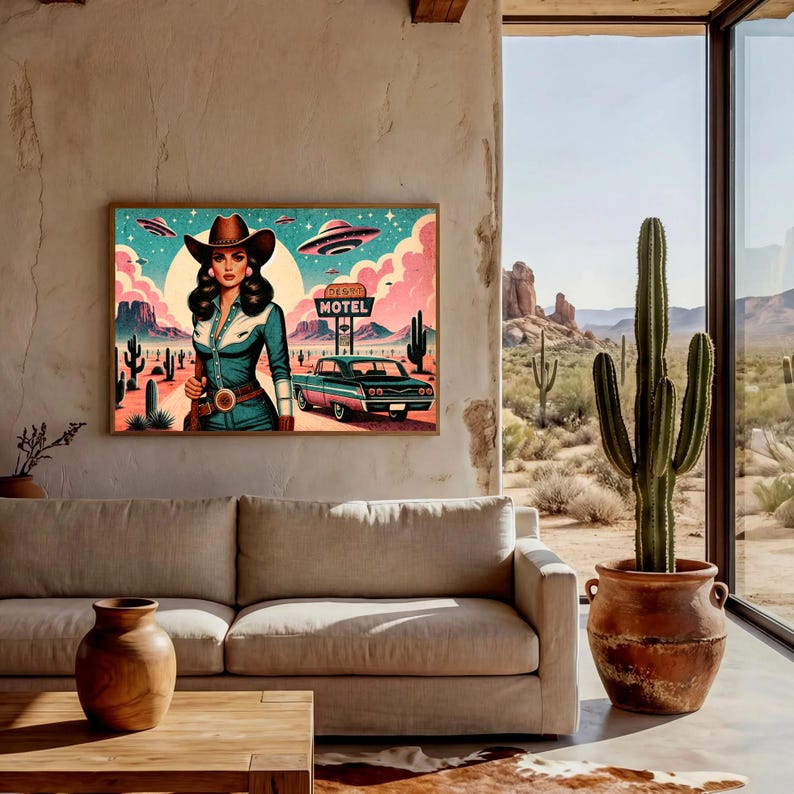 Eclectic Southwestern Decor, Pink Sci-Fi Cowgirl Desert Alien Wall Art, Vintage Retro Cowboy Art Boho Modern Home Art, Texas 1950s Print image 7
