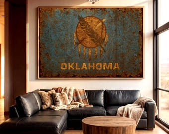 Oklahoma Flag Wall Art, Vintage USA State Print, Rustic Decor ,Weathered Western Poster, Oklahoma Pride Gift, American State Flag