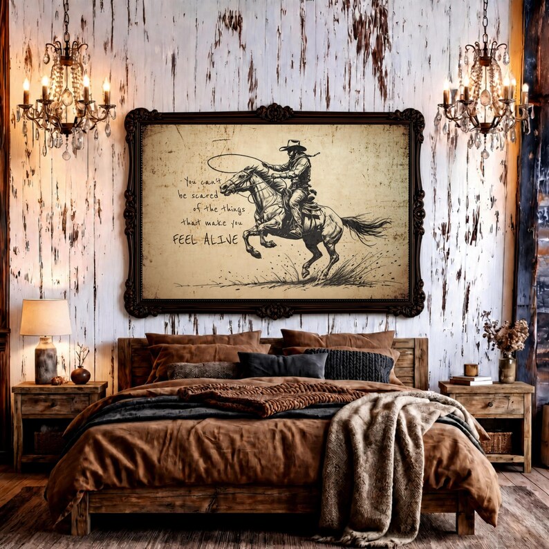 May include: A rectangular wall art print in a dark ornate frame featuring a black ink illustration of a cowboy riding a horse. The text reads: You can't be scared of the things that make you FEEL ALIVE. The background has a vintage paper texture.