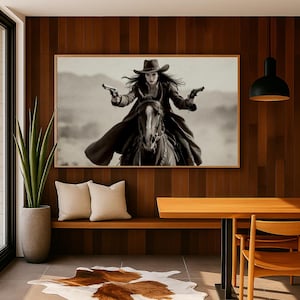 Western Outlaw Cowgirl Mid Century Wall Art Vintage Horse Large Poster Wild West Gift Print Rustic Farmhouse Decor Rustic Western Style Art