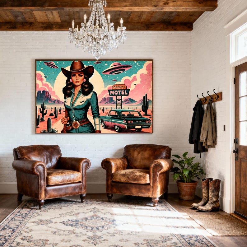 Eclectic Southwestern Decor, Pink Sci-Fi Cowgirl Desert Alien Wall Art, Vintage Retro Cowboy Art Boho Modern Home Art, Texas 1950s Print image 11