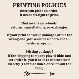 May include: Text on a cream-colored background reads "PRINTING POLICIES." The text explains the shop's policy: no refunds, returns, or exchanges. Damaged prints are replaced with a photo. Missing packages require direct contact with the shipping company.