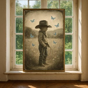 Boy Cowboy Nursery Print, Western Butterfly Wall Art, Kids Room Decor Poster, Sepia Ranch Theme, Baby Shower Gift, Blue Nursery Art