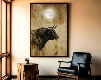 Könnte beinhalten: Ein rechteckiger Wandkunstdruck, der einen dunkelbraunen Stier im Profil vor einem strukturierten, hellbraunen Hintergrund zeigt, mit einem hellen weißen Vollmond über dem Kopf des Stiers, gerahmt von einem dünnen dunklen Rand.