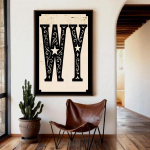 Wyoming State Code Vintage Typography Poster, Wyoming letters Wall Art Print, Retro State Pride Sign, Rustic State Art, Entryway Room Decor