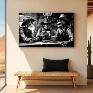 Skeleton Bar Art Funny Beer Poster Gothic Wall Decor Halloween Skull Print Vintage Humor Man Cave Kitchen Western Cowboy Gift Eclectic Art