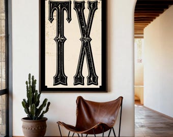 TX Vintage Typography, Texas State Code Wall Art Print, Lone Star Decor, Retro Texas Poster, Rustic State Art, Texas Room Decor
