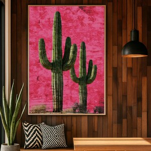 Desert Landscape Pink Cactus Wall Art Rustic Vintage Print Decor ...