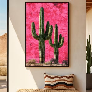 Desert Landscape Pink Cactus Wall Art Rustic Vintage Print Decor Southwestern Boho Poster Distressed Botanical Western Home Aesthetic Gift