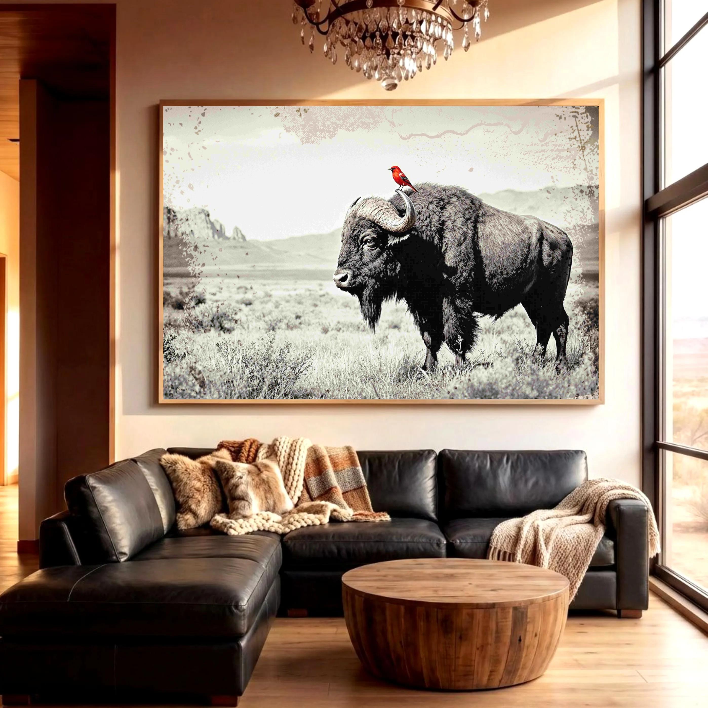 Vintage Bison Red Bird Large Print - Western Wall Art - Rustic