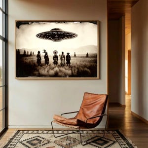 Vintage Native American UFO Encounter Podter Wall Art, Wild West Sci-Fi, Dark Academia Decor, Gothic Alien Print, Antique Style Home Art