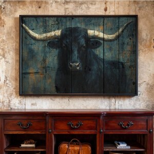 Western Rustic Longhorn Decor, Cowboy Wall Art, Vintage Boho Ranch Country Home Art Southwestern Painting Wooden textured, Cow Farm Decor