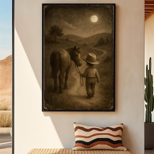Baby Boy Nursery -Western Nursery Wall Art Kid Cowboy Horse Sepia Print Bedroom Decor Moonlight New Mom Ranch Theme Baby Shower Gift