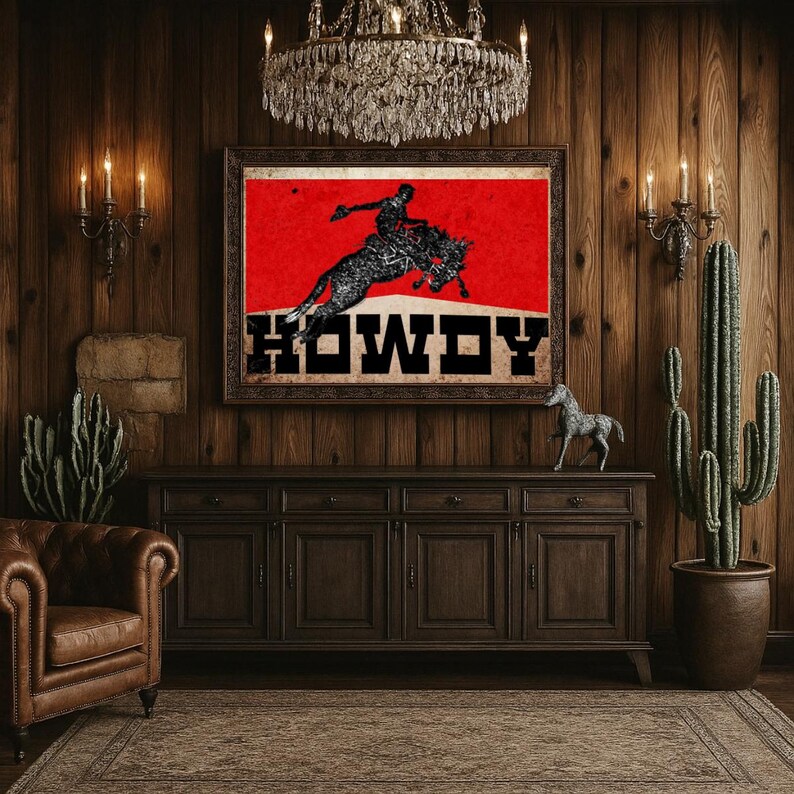 May include: A framed artwork with a red background and a black silhouette of a rodeo rider on a bucking bronco. The word "HOWDY" is displayed in bold, black letters. The artwork hangs above a dark wood cabinet.