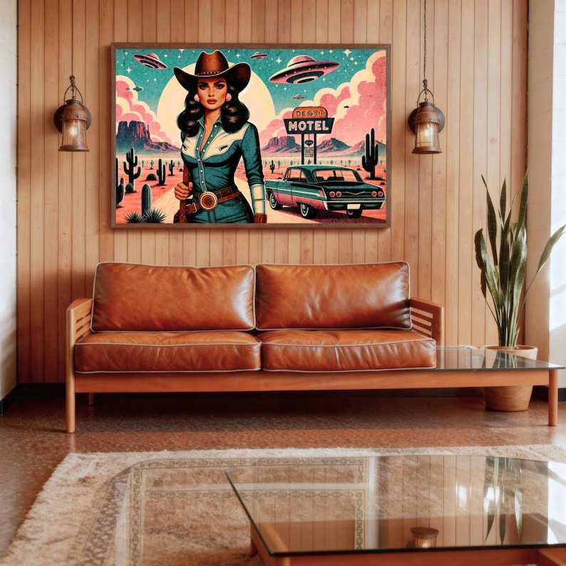Eclectic Southwestern Decor, Pink Sci-Fi Cowgirl Desert Alien Wall Art, Vintage Retro Cowboy Art Boho Modern Home Art, Texas 1950s Print image 8