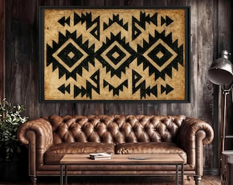 Black Abstract Tribal Art Print, Western Aztec Poster, Indigenous Geometric Pattern, Boho Rustic Vintage Wall Art, Farmhouse Decor