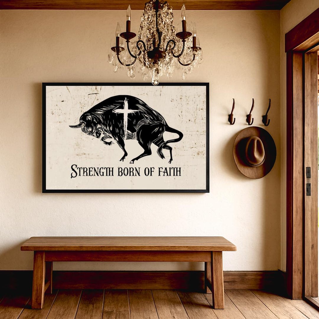 Bull Scripture Christian Print, Bull Cross Poster, Scripture Wall Art, Vintage Rustic ...