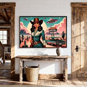 Eclectic Southwestern Decor, Pink Sci-Fi Cowgirl Desert Alien Wall Art, Vintage Retro Cowboy Art Boho Modern Home Art, Texas 1950s Print image 5