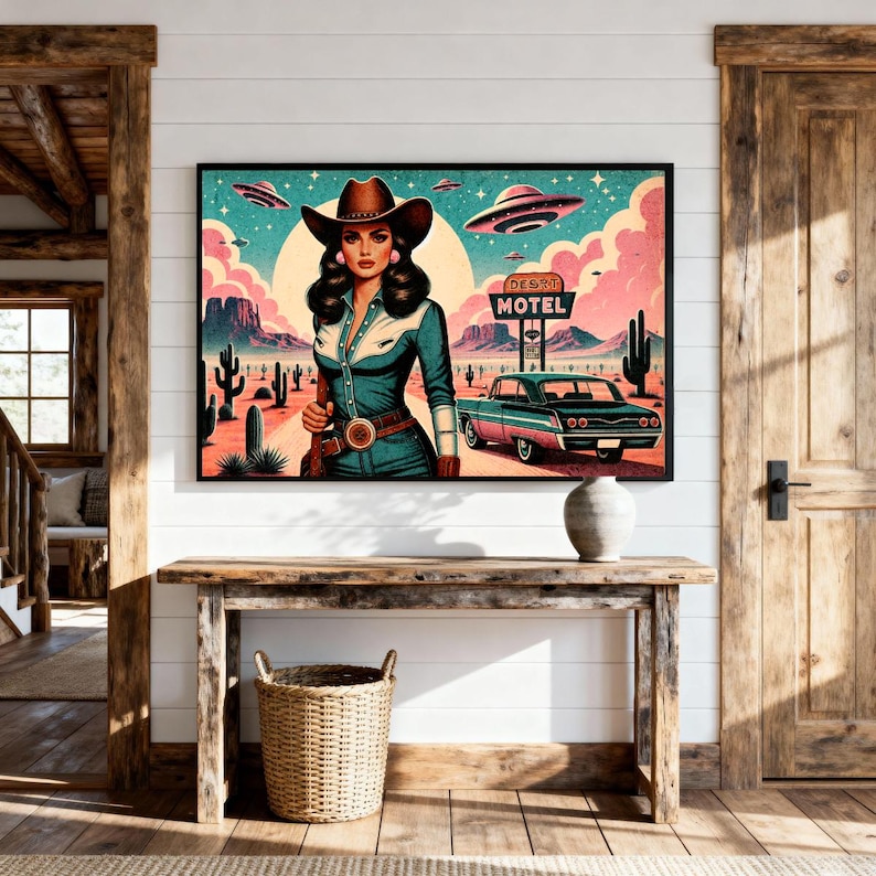 Eclectic Southwestern Decor, Pink Sci-Fi Cowgirl Desert Alien Wall Art, Vintage Retro Cowboy Art Boho Modern Home Art, Texas 1950s Print image 5