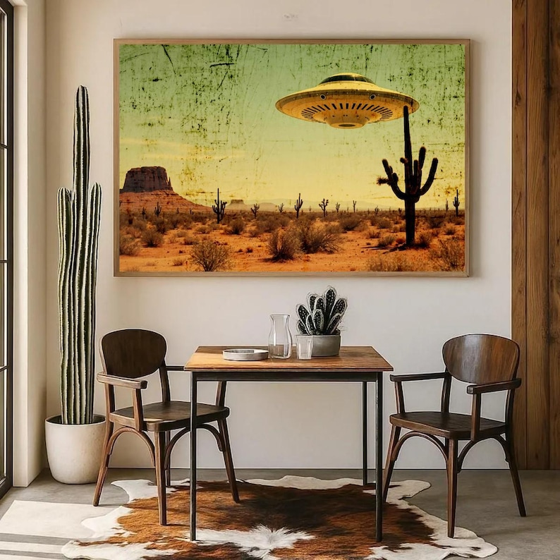 May include: A framed print depicts a desert landscape with a yellow flying saucer hovering above a cactus. The artwork has a vintage, distressed look, with a color palette of yellow, brown, and green. The scene includes cacti, a mesa, and a vast desert.