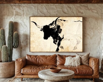 Longhorn Print | Vintage Western Wall Art | Minimalist Cow Ink Drawing | Rustic Farmhouse Decor | Antique Texas Poster | Boho Ranch Gift