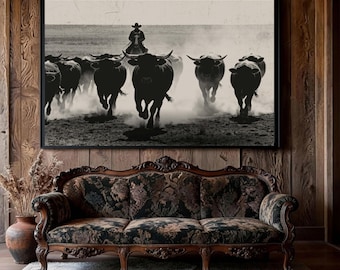 Cattle Drive Print, Vintage Texas Cowboy Poster, Rustic Ranch Wall Art, Longhorn Herd Decor, Black  White Western Art, Farmhouse