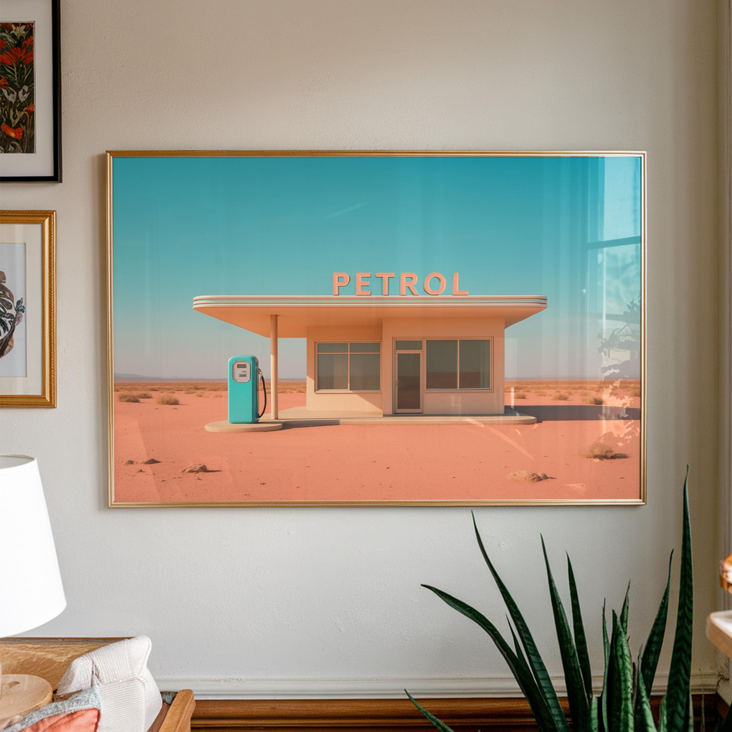 Retro Gas Station Print, 1950s Surreal Wall Art, Vintage Pink
