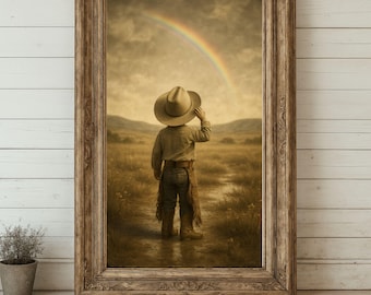 Baby Boy Nursery Print, Cowboy Rainbow Wall Art, Boy Room Decor Poster, Western Ranch Theme, Baby Shower Gift, Sepia Cowboy Bedroom Art