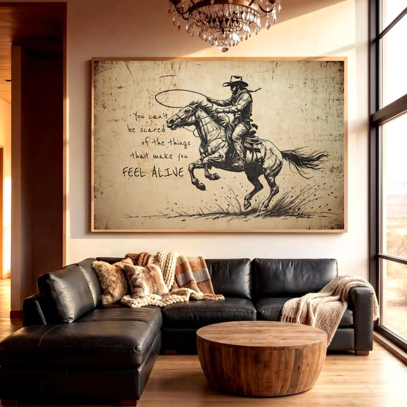 May include: A rectangular wall art print featuring a black ink illustration of a cowboy riding a horse while swinging a lasso. The background is a distressed beige texture with the text: You can't be scared of the things that make you FEEL ALIVE.