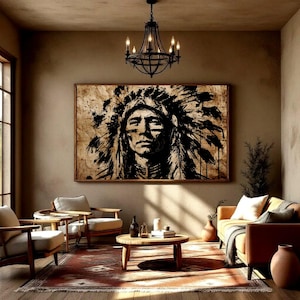May include: A large rectangular wall art piece featuring a black ink portrait of a person wearing a feathered headdress on a textured tan background, displayed in a living room with two armchairs, a sofa, a wooden coffee table, and a chandelier.