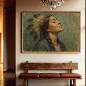 May include: A framed vintage print of a person with a Native American headdress, eyes closed, and head tilted upward. The artwork features a muted color palette with a teal background and a wooden frame. A wooden bench with leather cushions sits below.